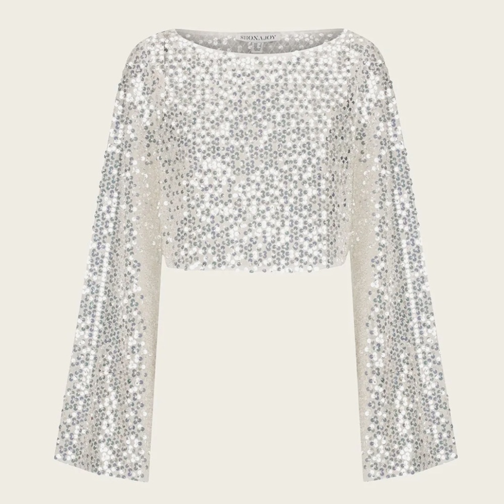 Shona Joy Silver Sequin Cropped Sweatshirt with Bell Sleeves